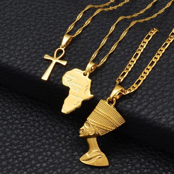 14k Gold Nefertiti Necklace with Ankh Africa Map Sterling Silver Chain Jewelry - Picture 3 of 7